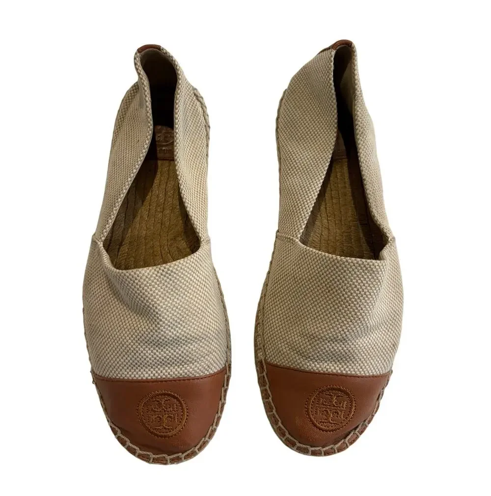 Tory Burch Womens 9 Flat Espadrille Canvas Cream Brown Slip On Leather Cap Toe